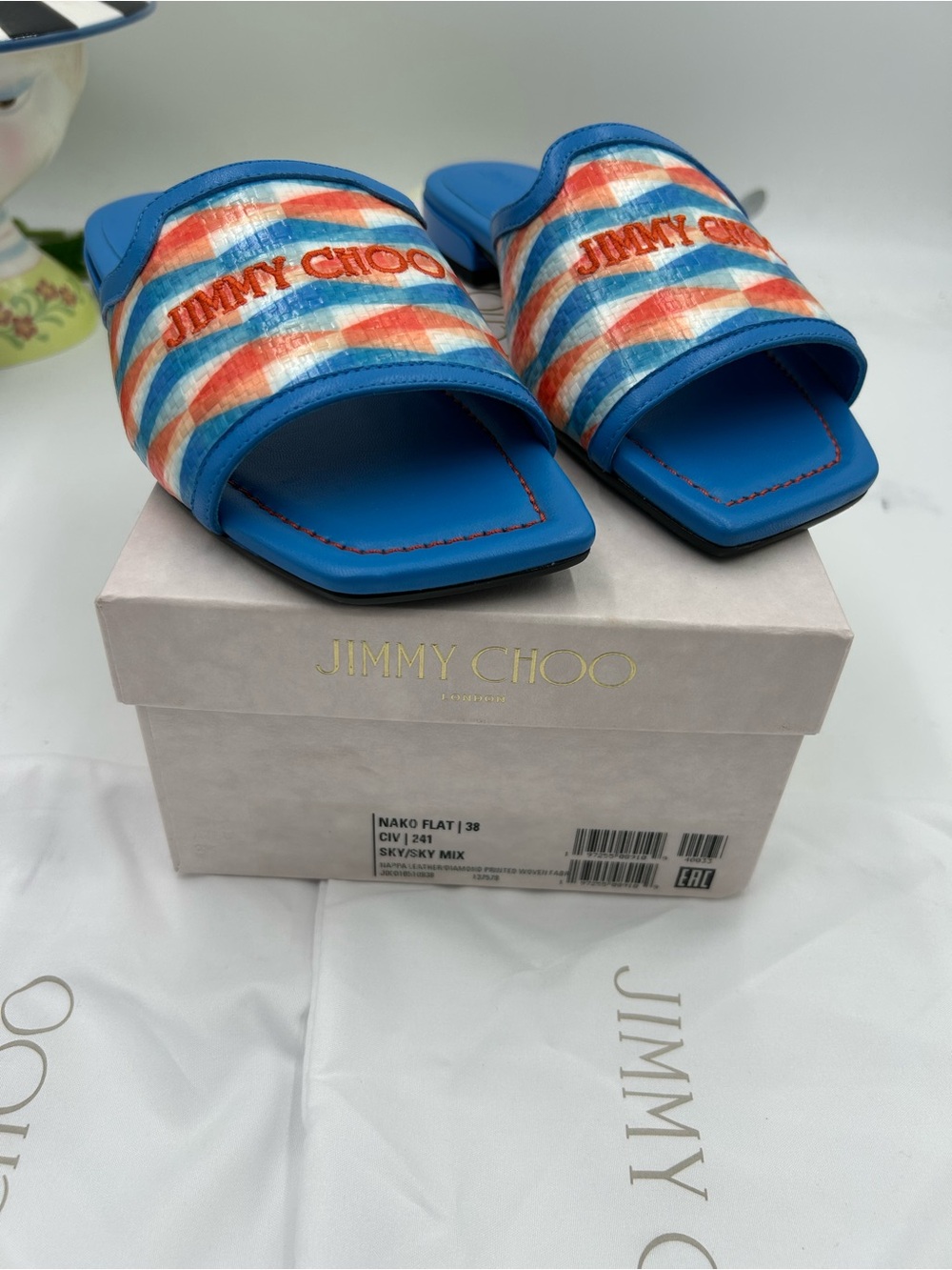 Women's Jimmy Choo Bright Blue Multicolor Patterned Slide Sandals size 38 - Picture 3 of 10